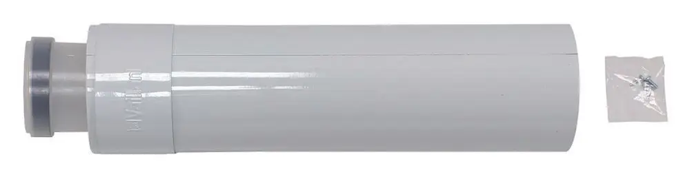 Graue Verlängerung für Abgasführung, zylindrischer Körper mit einem Anschluss, geeignet für Vaillant Systeme, inklusive Befestigungselemente in einer kleinen Packung.